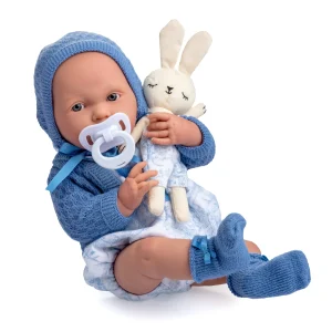 Muñeca con ropa azul con dibujo de toile de jouy, conejo de peluche y accesorios